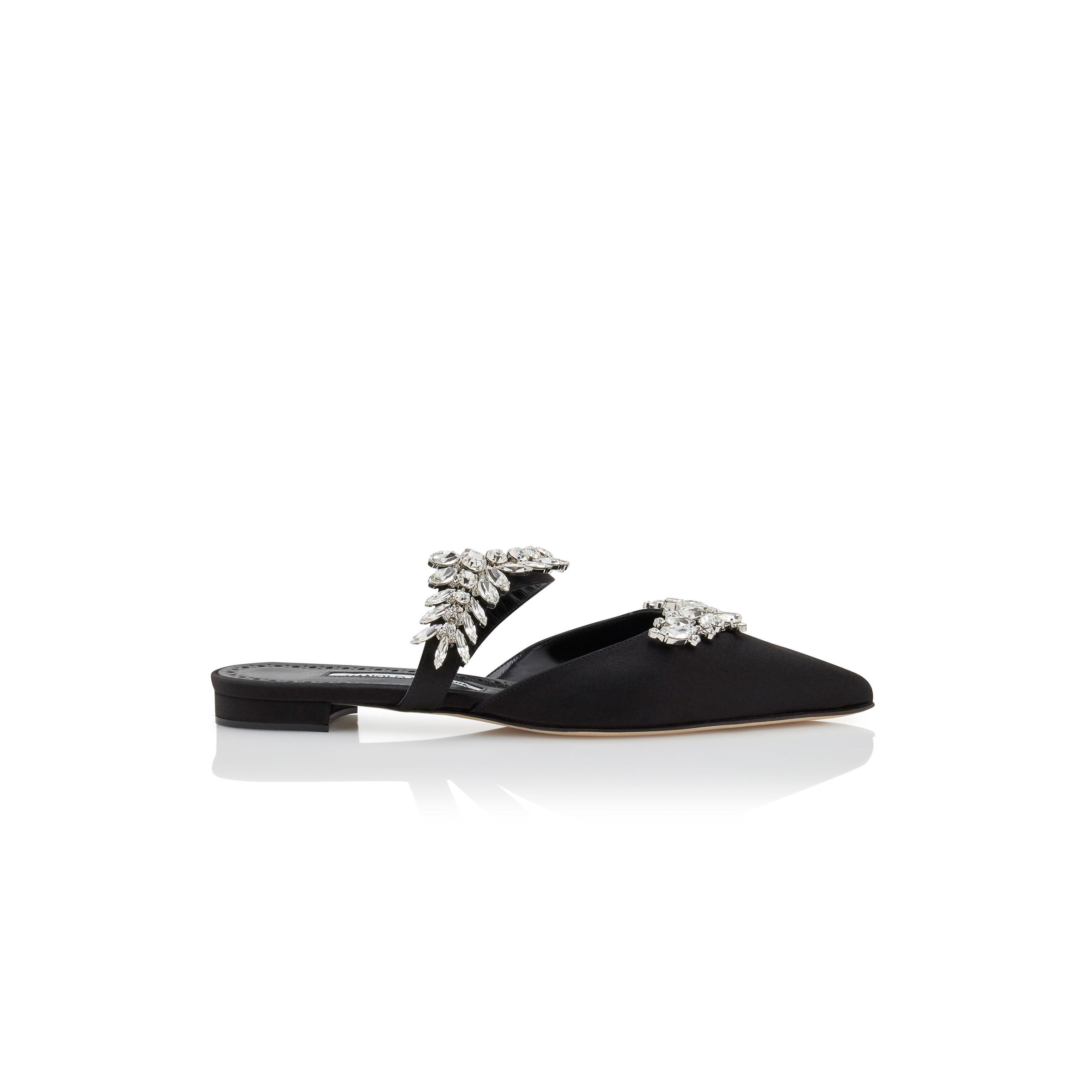 man010 B1ahn*k lurumflatus black satin crystal embellished flat mules 122-1947-0007